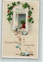 Neujahr - Geldscheine und Taler fallen am Fenster herunter AK Geld auf AK Prägedruck