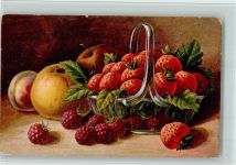 Früchte: Erdbeeren im Glaskorb AK Stillleben Künstlerkarte