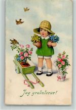 Kunstkarte Nr. 3202 - Jag gratulerar - Kind mit einer Blumenkarre AK Meissner & Buch