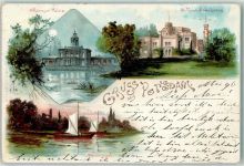 14467 O1510 Potsdam Lithographie / Mondschein Schloss Babelsberg Marmor-Palais Boot Pfaueninsel