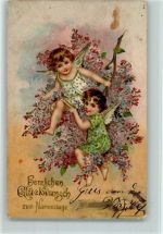 Namenstag- kleine Engel mit Blüten AK Flieder Prägedruck