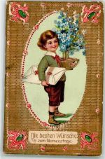 Kind Topf mit Vergissmeinnicht Brief Golddruck Namenstag 1911 Prägedruck