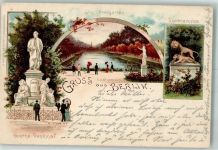 10115 W1000 Tiergarten 1899 Lithographie Löwengruppe Goethe Denkmal Goldfischteich