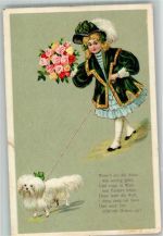 Mädchen Rosenstrauß Hund Gedicht Kinderpoesie 1900 Prägedruck