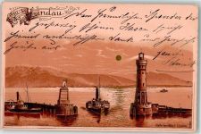 88131 W8990 Lindau Bodensee Lithographie Hafen Leuchtturm Denkmal