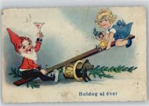 Neujahr - Wippe mit Puppe und Mädchen Zwerg