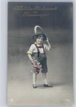 Serie 4417-18 Junge in Lederhose mit einem Blumenstrauß Foto AK Namenstag