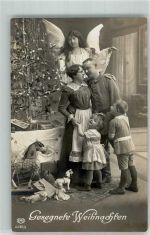 Soldat auf Heimurlaub WK I Schutzengel Spielzeug Schaukelpferd Puppen geschmückter Tannenbaum Weihnachten Foto AK