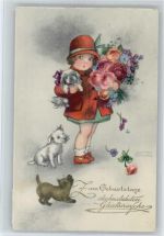 Alabaster Serie 4249 - AK Geburtstag - Mädchen mit Hunde - Blumenstrauß - Petersen, Hannes Künstlerkarte