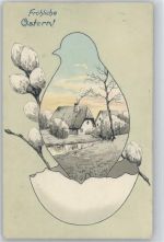 Erika Nr. 2927 Umriss von einem Küken und Ei darin ist die Landschaft mit Bauernhaus und Kätzchenzweige zu sehen Osterei Prägedruck