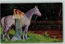 Waldtraut - S.V.D. Serie 4253-3 Gemälde von Mailick - Frau mit ihrem Pferd am Fluß Pferd