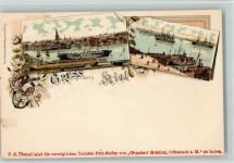 24103 W2300 Kiel , Ostsee Lithographie Gesamtansicht Kriegshafen Dampfschiffbrücke Anker Rettungsring Seerose Fahne
