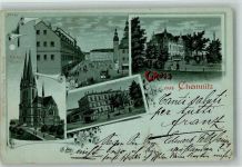 09111 O9001 Chemnitz , Sachs 1898 Lithographie / Mondschein Carola-Hotel Bahnhof Markt Markus-Kirche Blumen