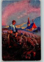 Gebet Ave Maria - Bauern mit Schafe , sign Skramlikü - 1915 AK Schaf Künstlerkarte