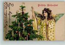 Geschmückter Tannenbaum u. Engel, gute Erhaltung Weihnachten Prägedruck