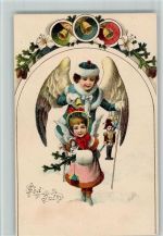 God Jul - Engel mit Spielzeug und Glocken, gute Erhaltung Neujahr Lithographie