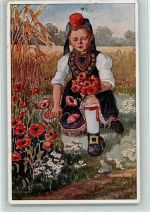 Hessische Trachten Nr. 233 - Mädchen pflückt Mohnblumen AK Mandt Künstlerkarte