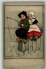 hollandkinder beim Angeln - Holzschuhe 1911 litho AK sign Parkinson Parkinson, E. Künstlerkarte