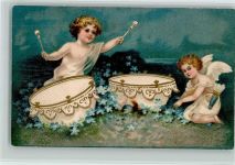 Engel mit einer Trommel, Vergissmeinnicht AK Amor 1908 Prägedruck