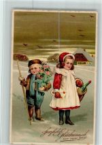 Verlag P.F.B. 6487 Kinder mit einem Blumentopf, Korb mit Sektflasche, Brief , gute Erhaltung Neujahr 1907 Prägedruck