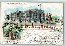 W2000 Altona Rathaus mit Kaiser Wilhelm-Denkmal Bismarck-Denkmal 2-Bildaufnahme Bismarckdenkmal 1899 Lithographie