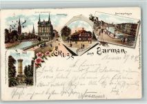 42103 W5600 Barmen 1897 Lithographie Kunstanstalt Rosenblatt - Hotel Landsknecht mit Pferdebahn, aussichtsturm, Berlinerstr. mit Pferdebahn, , Stempelfleck