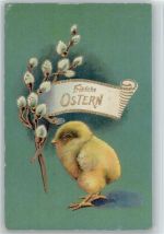 Küken und Kätzchenzweig, Golddruck litho Ostern 1912 Folienkarte / Lackkarte