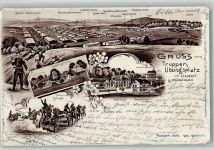 W7420 Münsingen , Württ Truppenübungsplatz Ludwigshöhe Batterie Galopp Hotel Fezer Dampfbäckerei Kaserne 1899 Lithographie