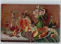 Karaffe und Weinglas im Jugendstil - Früchte, Blumenvase Stillleben Künstlerkarte