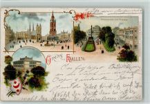 O4002 Halle (Saale) Marktplatz Promenade und Theater Universität Wappen 3-Bildaufnahme Bahnpoststempel Zug 233 Bahnpoststempel 1897 Lithographie
