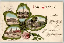 09111 O9000 Chemnitz , Sachs 1901 Lithographie Hauptmarkt Centralbahnhof Schlossteich Börse mit Becker-Denkmal Vierblättriges Kleeblatt