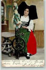 Prägedruck Spinnrad AK Trachten Elsass 1904 AK mit Stoff