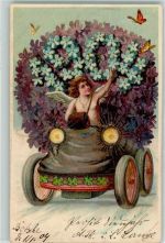Blütenauto - Neujahr 1904 Vergissmeinnicht, Schmetterlinge, Engel AK Glückwunsch Auto 1904 Gebrauchsspuren