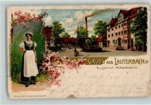 W6420 Lauterbach (Hessen) Burghof mit Molkereischule Frau in Tracht Lithographie Mandt 1906 Gebrauchsspuren