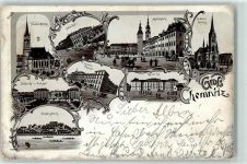 09111 O9000 Chemnitz , Sachs 1899 Lithographie Nicolai Kirche Bahnhof Marktplatz St. Petri Schlachthof Viehhof Justiz Palast Kaserne Schlossteich Ruderboot