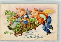 Vermenschlichte Schweine, Hufeisen AK Flecken Neujahr 1934