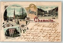09111 O9000 Chemnitz , Sachs 1902 Lithographie Nicolaikirche Stollenberger Straße Marktplatz innere Johannisstraße Reichsbank Kutsche Blumen