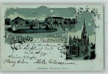 68100 Mulhouse 1900 Lithographie / Mondschein Gruss aus - Bahnhof, Kirche AK