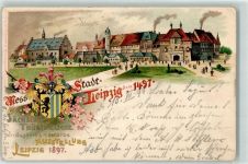 04103 O7000 Leipzig 1897 Lithographie Sächs.-Thür. Industrie & Gewerbe Ausstellung 1897 Leipzig anno 1497