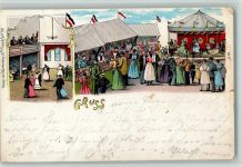 Gruss aus - Litho, Karussell, Zuckerbuden, Tanz AK Jahrmarkt 1899 Gebrauchsspuren