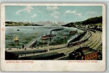 82319 W8130 Starnberg Lithographie Bahnhof Starnberger See Dampfer