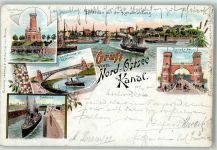 24103 W2300 Holtenau 1900 Lithographie Gruss aus Leuchtturm Schleuse Hochbrücke AK