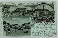 09111 O9000 Chemnitz , Sachs 1899 Lithographie / Mondschein Bahnhof Rathaus Neumarkt Kutschen