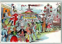 Riesenrad Tunnelbahn Seilbahn Heiße Würstchen Harem Bauchladen Jahrmarkt Lithographie