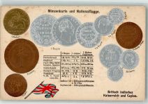 Britisch indisches Kaiserreich und Ceylon Münzenkarte und Nationalflagge Münzabbildungen Geld auf AK Lithographie Motiv Sri Lanka / Ceylon Prägedruck