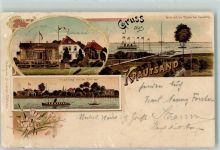 21706 W2168 Krautsand 1898 Gebrauchsspuren Buhrfeinds Hotel Blick auf die Rhede der Seeschiffe Krautsand von der Elbe aus Lithographie