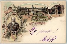 W7500 Karlsruhe , Baden Gruss aus Großherzog Friedrich v. Baden , Schloss, Festhalle, Engel Adel Baden 1897 Lithographie