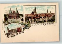 23552 W2400 Lübeck Lithographie Holstenthor Ortsanischt Marktplatz