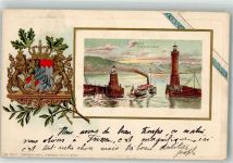 88131 W8990 Lindau Bodensee Prägedruck Lithographie Bodensee Hafeneinfahrt Leuchtturm Bayr. Köwe Wappen Passepartout