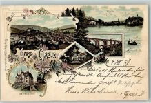 07973 O6600 Greiz 1897 Lithographie Elsterthalbrücke Parksee Schwäne Bismarckdenkmal Odd-Fellow-Heim
